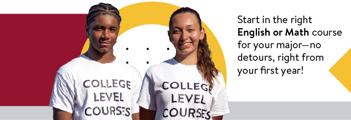 Two high school students with a T-shirt referring to College Level Courses.