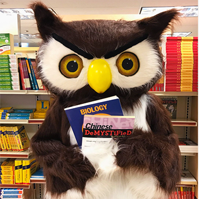 footsie the owl holding books