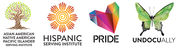 four icons Asian American Native American Pacific Islander Serving Institute icon, Hispanic Serving Institute icon, Pride icon, Unocually icon