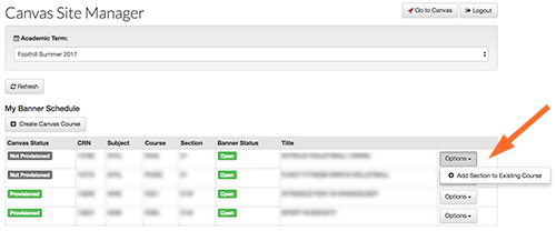 Arrow pointing to Options dropdown menu next to section that is to be added to existing course