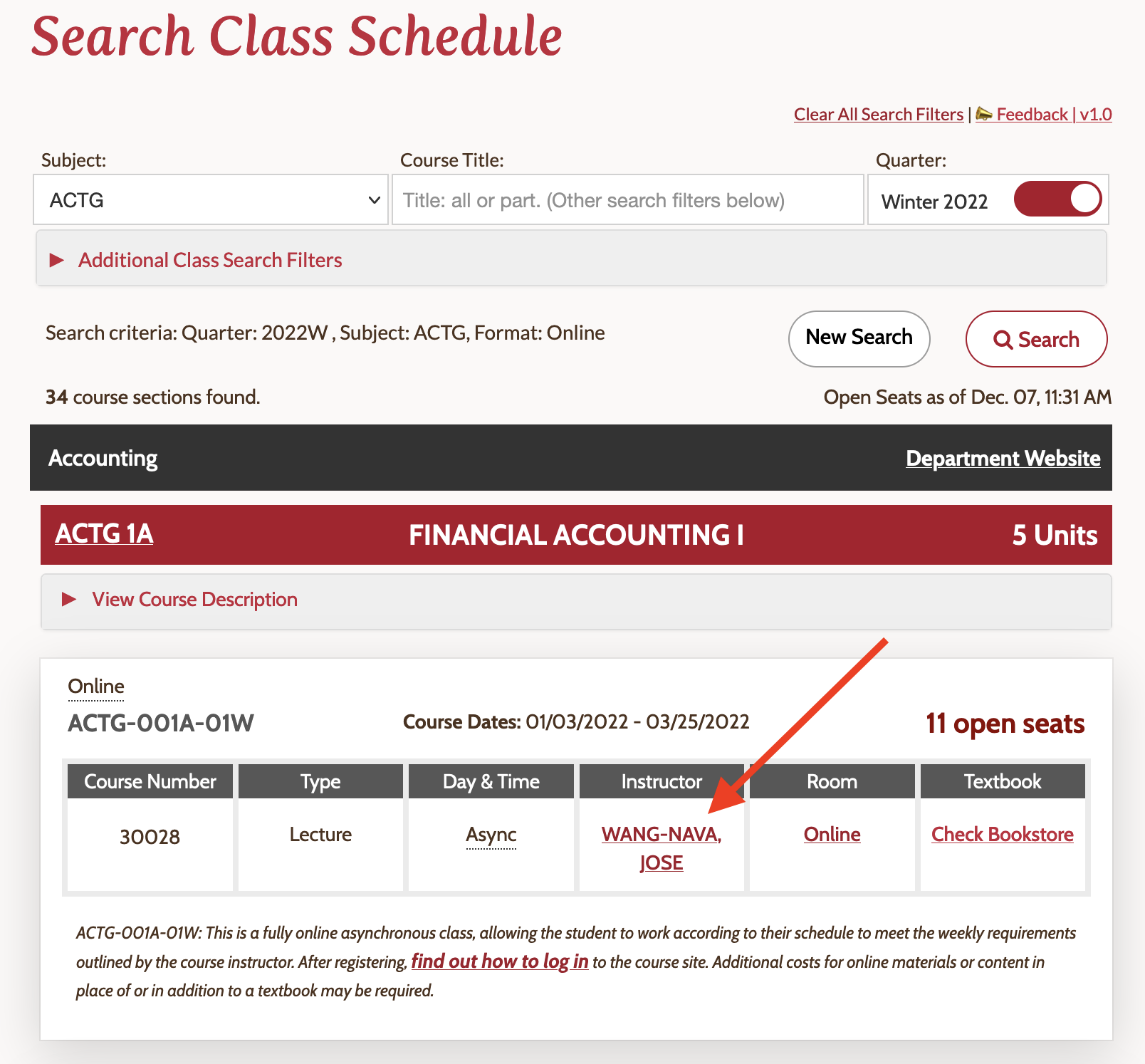 Arrow pointing to instructor name