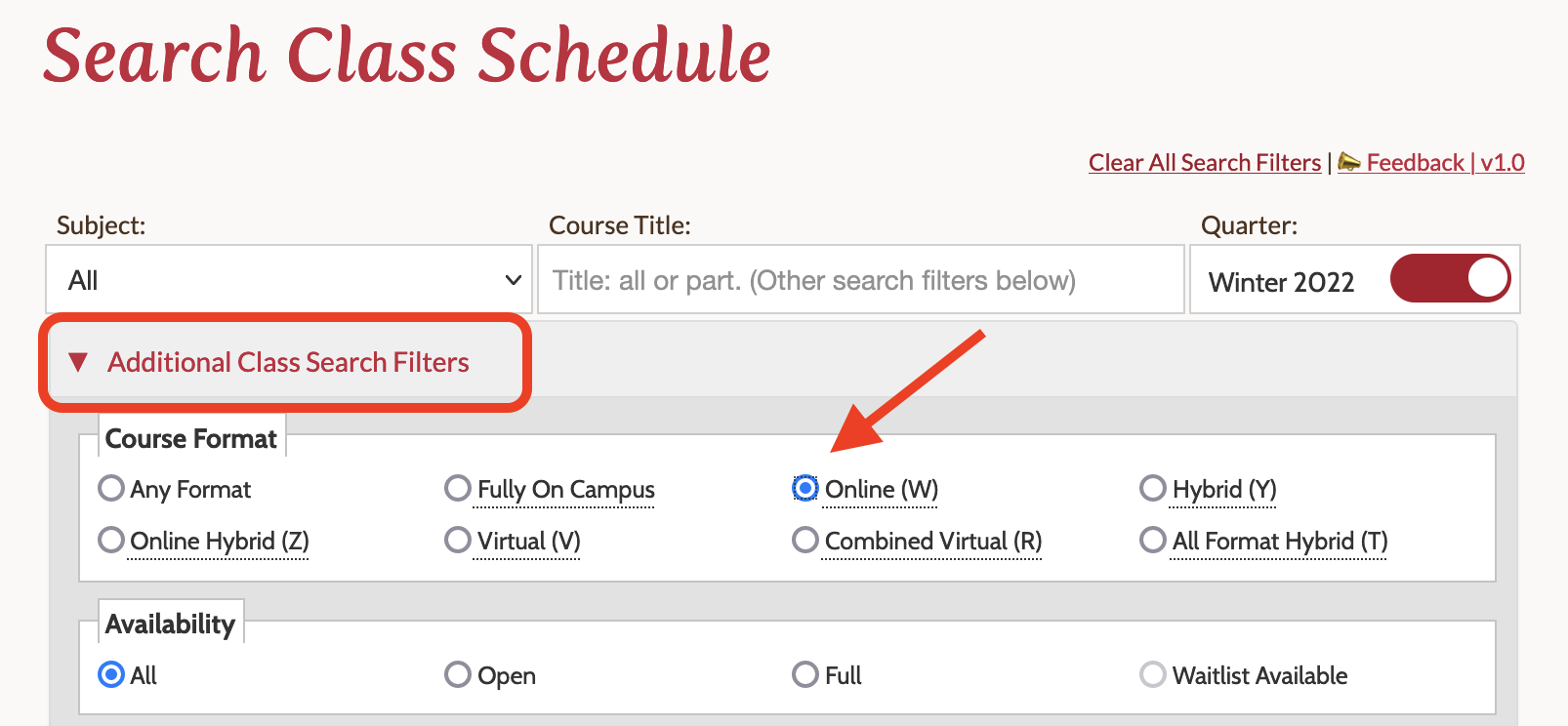 Additional Class Search Filters circled and arrow pointing to Online button