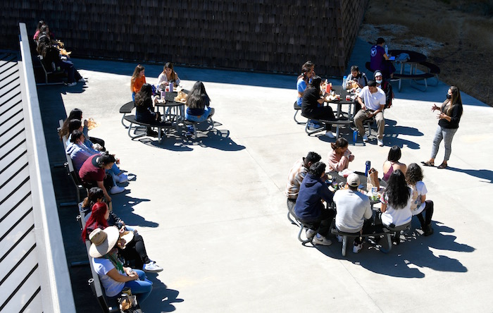 students sitting in groups outside